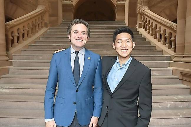 State Senator James Skoufis (D-Hudson Valley) with Monroe Woodbury High School valedictorian Alex Liu