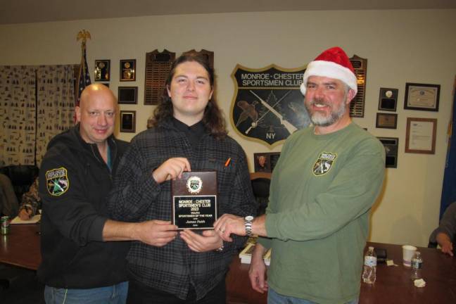 L-R: Youth Membership chairman and board member Kevin Palacino, Youth Sportsman of the Year winner from Washingtonville High School James Faith, and president and board member Kevin Faith.