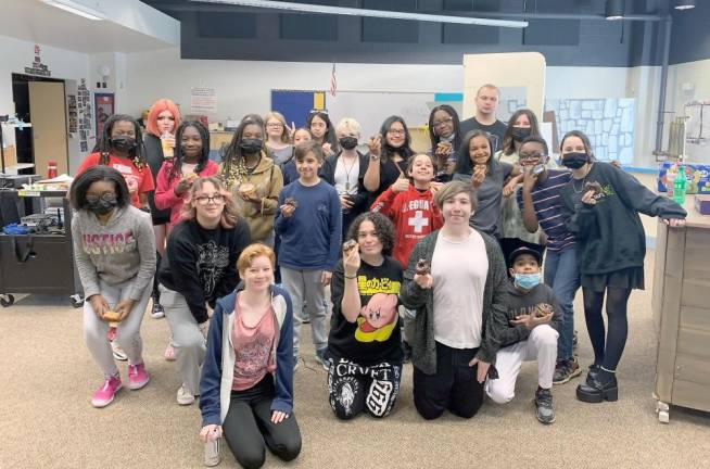 The Mama Mia! cast enjoyed some snacks during rehearsal break on the way to their performance at Chester Academy on the evenings of May 6 and 7. Front row, l-r: Michaelah Jeffers; Leah Rios; Michael Miller; Aidan CuevasSecond, l-r: Mia McIntosh; Aliyah Santiago; Liam Peterman; Jake D’Onofrio; Brooke Diaz; Kosa Enoma; Eden GarverThird, l-r: Makenzie Brown; Zia Ohene; Chloe Brown; Genevieve Maxwell; Aribella Tomi; Yamilet Lopez-Cortez; Idia Enoma; Aiva Diaz. Back row, l-r: Mia Kelly; Zoe Arnett; Deanna Mellinger; Torilove VanDunk; Antonio Nieves