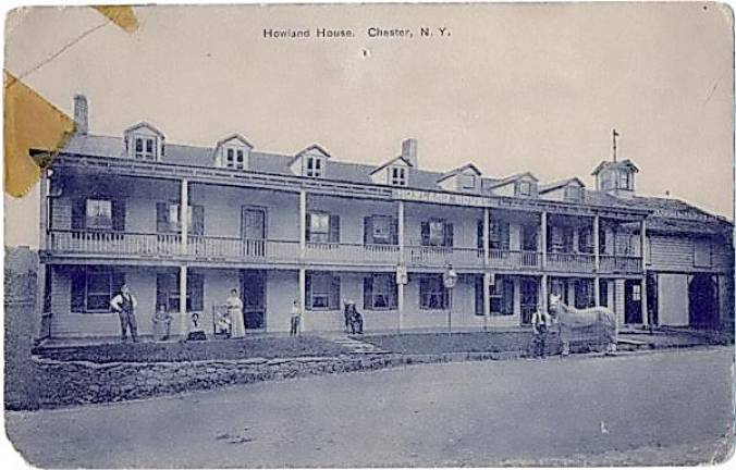 Photo postcard of Howland House Hotel. Livery visible to right of hotel. It was built about 1841 across the street from the Chester Erie RR station by Daniel Conklin. It was first called the Railroad &amp; Stage.