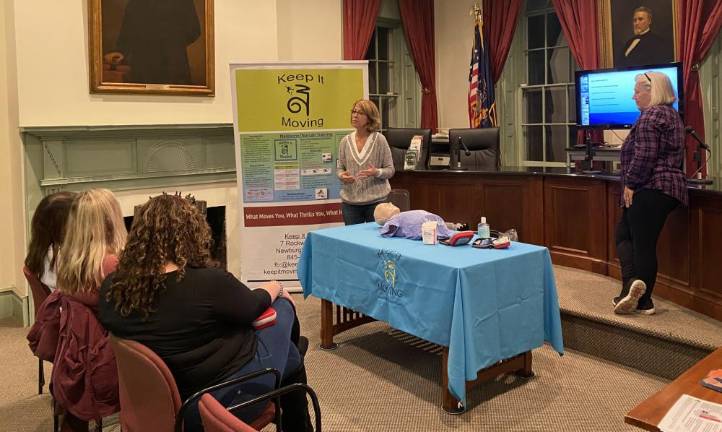 Goshen Real Estate Broker Diane Blanton and Village Mayor Scott Wohl hosted a community addiction awareness and Narcan training session at the Goshen Village Hall on Wednesday, Nov. 10. Featured speakers were Lauren Mandel and Kathryn Schuster from Keep It Moving and Annette Kahrs from Hope not Handcuffs Hudson Valley. Keep It Moving trained and distributed Narcan rescue kits on Wednesday during the session. Narcan is a life-saving drug that reverses opioid overdose. All participants 18 and older received a Narcan rescue kit. Photo provided by Village of Goshen.