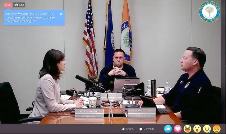 On Facebook Live with Orange County Executive Steve Neuhaus (center) were Irina Gelman, the county health commissioner, and Brendan Casey, the county commissioner of emergency services.
