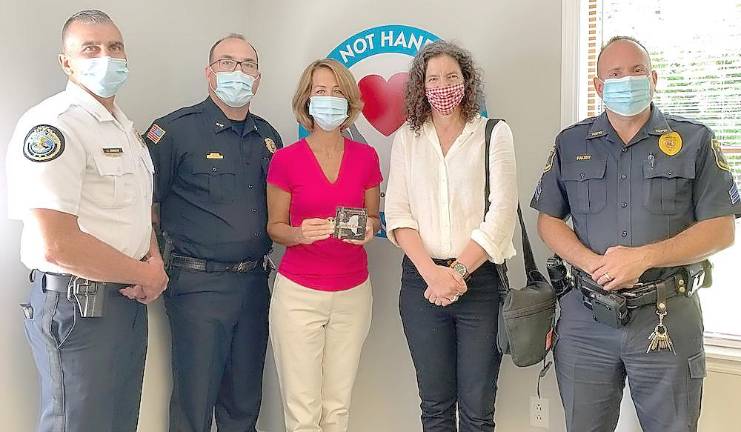 Tackling the opioid crisis. Annette Kahrs commended for Hope Not Handcuffs initiative Pictured from left to right are: Middletown Police Chief John Ewanciw, Chief Dominick Blasko of the Crawford Police Department, Annette Kahrs, Senator Jen Metzger,and Sergeant Allen Faust of the Goshen Police Department at Kahrs’ Commendation celebration. Provided photo.