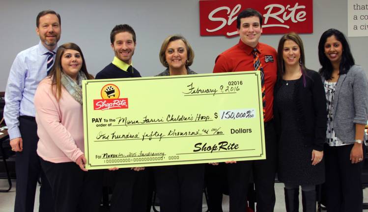 ShopRite donates $150K to Maria Fareri Children's Hospital Pictured here, from left, are Tom Urtz, vice president of operations, ShopRite Supermarkets, Inc.; Megan Castiglione, shopper advocate, ShopRite of Vails Gate; Vinnie Calabrese, shopper advocate, ShopRite of Middletown; Cathy Grisanti, shopper advocate, ShopRite of New Rochelle; Ryan Powers, shopper advocate, ShopRite of Croton; Meredith Buono, manager of marketing and community relations, Maria Fareri Children’s Hospital; and Sharbari Bose Kamat, assistant manager of marketing & community relations, Maria Fareri Children’s Hospital.