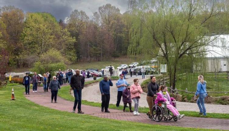 Supporters and friends of Winslow Winslow Therapeutic Riding Center arrive April 25 for the facility’s ground-breaking ceremony for its expansion.