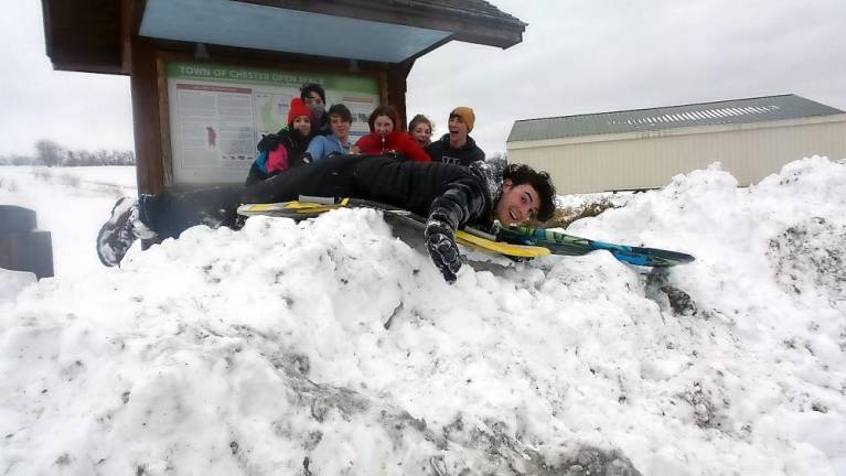Sugar Loaf. Snow’s up These teens spent Wednesday afternoon sledding in the snow at Knapps View in Chester. Winter Storm Quiana dumped as much as three feet of snow on parts of Orange County and more snow could be on the way in the coming week. Photo by Frances Ruth Harris.
