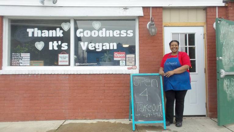 Thank Goodness It's Vegan in historic downtown Chester is open for take-out. Chef Nancy Lys said business is brisk for take-out with service that lasts until she runs out of menu items.