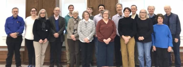 L-R: Charles La Rocca, Elizabeth DiGiorgio, Library Director Catherine Lemmer, Library Trustee Robert Quinn, Alex Prizgintas, Anne Roche, Mary Kay Jankowski, Fiorello LaBruna, Sal LaBruna, Kathleen Helhoski, Jim Kuroski, Lori Kuroski, Donovan Aitchison, Jane Groves, Village Historian Ed Connor, Elaine McClung, Library Trustee James Tarvin.