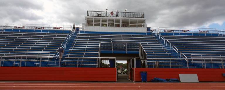 The bleachers and control room booth.