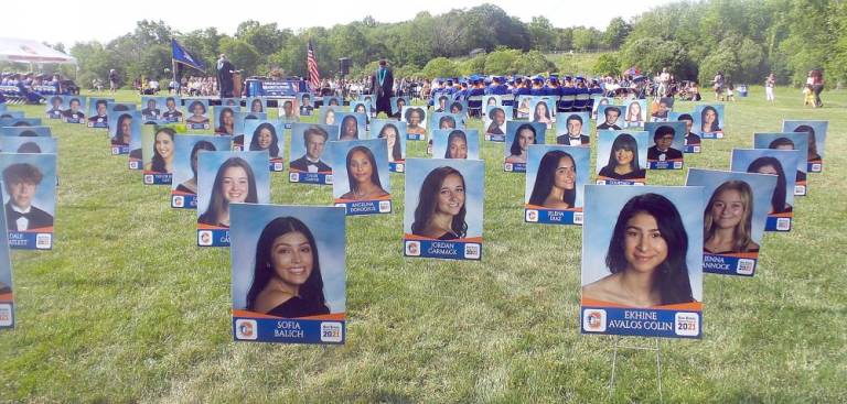 Socially distanced posters of the members of the Chester Academy Class of 2021.