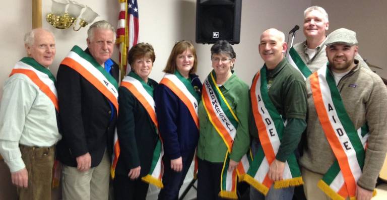 St. Patrick's Parade this Sunday This year's Grand Marshal is pictured with some of her aides (from left): Brendan Coyne, Aide at Large; Denis P. Mulcahy, Greenwood Lake Gaelic Cultural Society; Maureen Larney, Irish Heritage Festival; Briege Debold, LAOH Division 5; Sister Ann Daly, PBVM, Grand Marshal; George Anderson, AOH Division 1; Billy Coffey, St. Brendan’s GAA; and Conor Gillis, AOH Division 4. (Photo provided)