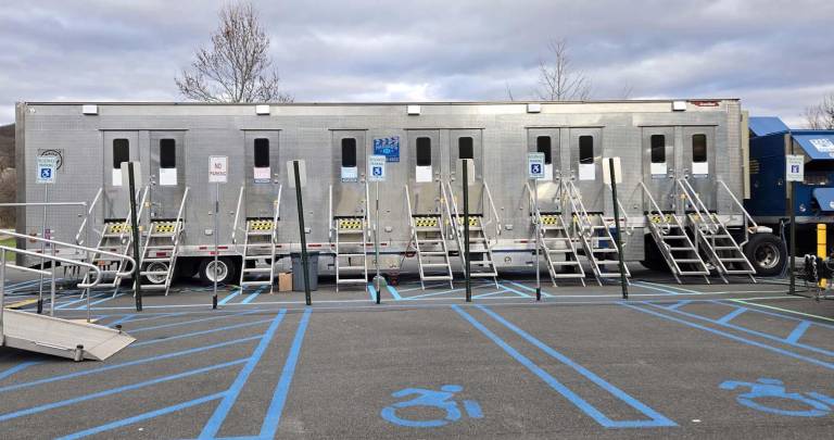 Indie movie ‘Reimagined’ filmed locally Dressing rooms truck in the parking lot of the Sugar Loaf Performing Arts Center.