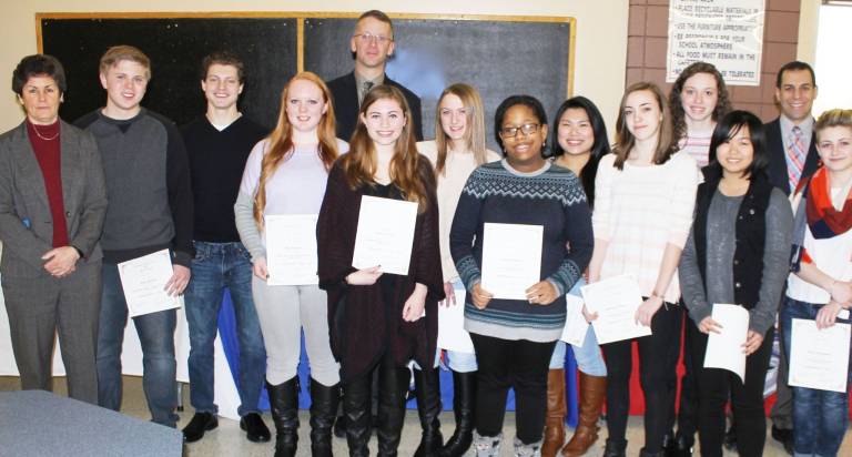 The Goshen Greats From left, Assistant Principal Patricia Lercara, Casey McCarty, Taylor Crawford, Ayla Devenney, Rebecca Morley, Principal Kurtis Kotes, Emma Pawliczak, Brianna Thompson, Carolanne Clark, Gwendolyn O’Brien, Allison Rudoph, Kristen Li, Assistant Principal/Director of Health, Physical Education and Athletics Gregory Voloshin and Honor Montmarquet.