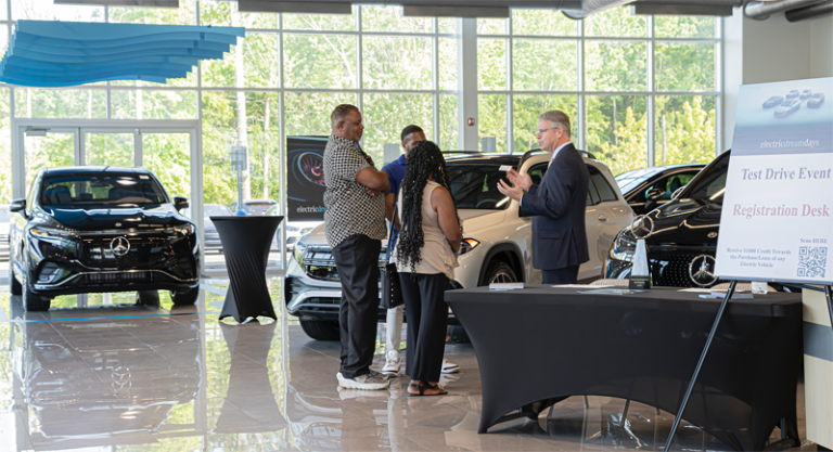 Mercedes-Benz of Orange County celebrates its fifth anniversary Guests learn about Mercedes-Benz new E-series (electric series) and the benefits including two years of free charging and service package.
