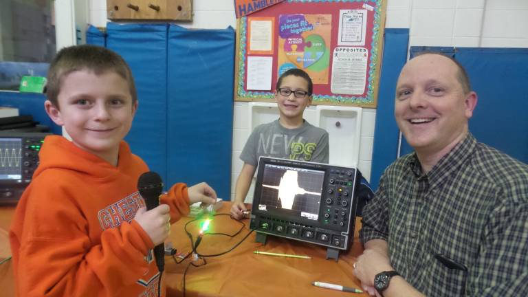 A fun night for science and math Oscilloscope lets kids see electricity: Shane Roby, Nicolas Sharp, and engineer Tyler Cox