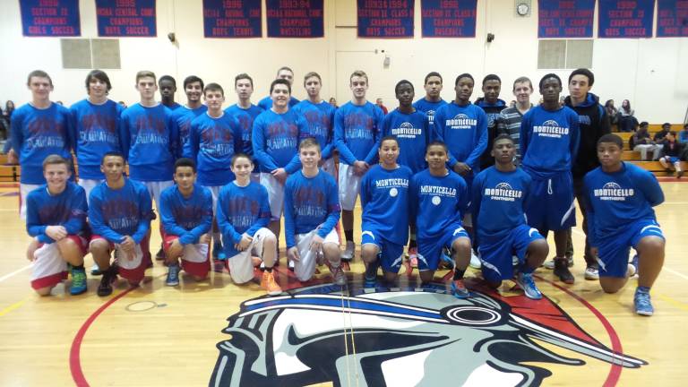 'Swish for Mush' honors friend lost to domestic violence Junior Varsity, Goshen and Monticello: top (from left): Damion Nedd, Tyriek Whibee, Shykel Hillard, Deonte Smith, Jeremy Schuk, Jaquan Poole, Domick McKenna, Colman Barns, Justin Lorezo, Dan Smith, Brandon Pierre, Paul Chilana, Matt Wizzeribicki, Joe Gioraano, Michael Hynes, Robert Hensey, Brain Terach. Bottom: Onyx Clark, Alberto Florez, Khadeem Richards, Tyron Walker, Connor Donavan, Cameron Perez, Gabe Medina, Zack Foley, Matt Stickley (Photo by Frances Ruth Harris)