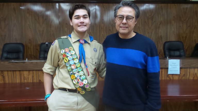 Scouts pitch worthy projects to the town board Grant Stevenson and his father, David Stevenson (Photo by Frances Ruth Harris)