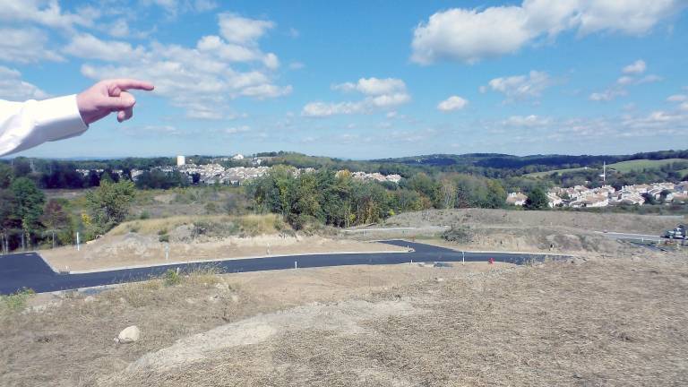 Livy Schwartz points to the curbed roads that will connect five neighborhoods at the Greens of Chester.