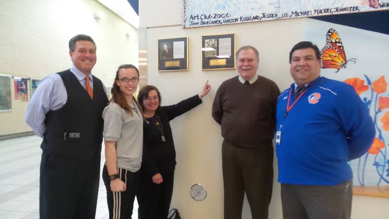 Remembering 1st Lt. Lou Allen, 10 years after From left: Denis Petrilak, Principal; Skylar Conklin, student; Vivian and Bob Allen; and Rolando Aguilar, Athletic Director and Assistant Principal (Photo by Frances Ruth Harris)