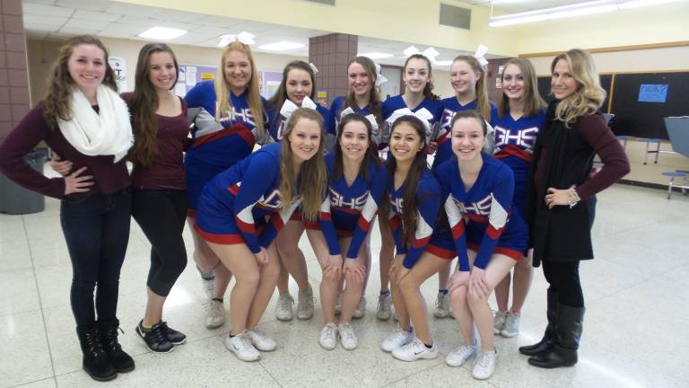 'Swish for Mush' honors friend lost to domestic violence Goshen Varsity Cheerleaders, top (from left): Eve Mulleady, Jaclyn Ulvila, Samantha Vandenburg, Katie Lagarde, Emma Pawlizak, Sarah Madigan, Grace Pettus Abby Pawliczak, Coach Justine Humphrey. Bottom: Elainea Helbeck, Keri Lalathin, Jackie Vasquez, Tori Schmidt (Photo by Frances Ruth Harris)