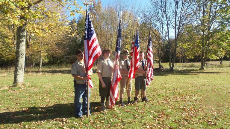Scouts re-enact the Battle of Walnut Mountain Color guard at opening ceremonies (Photo by Frances Ruth Harris)