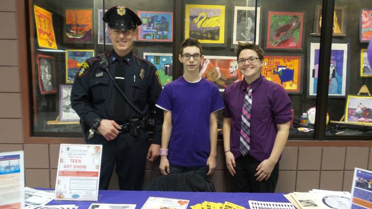 'Swish for Mush' honors friend lost to domestic violence Village of Goshen Patrolman Basil Komondorea, Justin Robbins, a friend of Mush, Jen Herman, Youth Educator Safe Homes of Orange County, and Matt’s mom, Cheryl Gomes (Photo by Frances Ruth Harris)