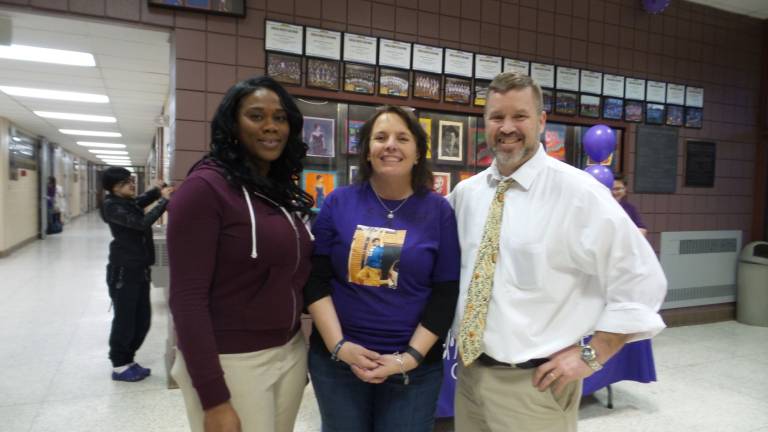 'Swish for Mush' honors friend lost to domestic violence Gayonne Hartly 9-12 self-contained classroom teacher, Matt’s Mom Cheryl Gomes, Paul Benis social studies teacher (Photo by Frances Ruth Harris)