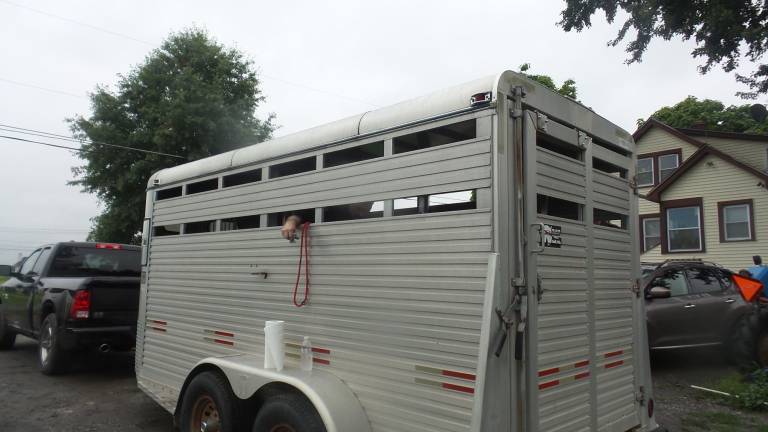 The is the rescue trailer that held the goats while they were assessed. Each was tagged, given an antibiotic shot and a number, and photographed. (Photo by Frances Ruth Harris)