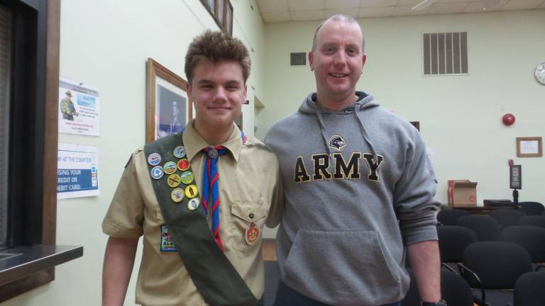 Scouts pitch worthy projects to the town board Colin Murray with his father, Bill Murray (Photo by Frances Ruth Harris)