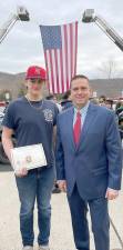 Orange County Firefighter 1 graduate Anthony Troiano of the Goshen Fire Department and Orange County Executive Steven M. Neuhaus at the graduation. Photo provided by Orange County.
