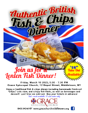 Middletown. Authentic British ‘Fish &amp; Chips’ Lenten dinner