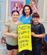 Suzyn Barron, director of the Warwick Valley Humane Society, accepts a donation of $281.45 from Chester Elementary School K-Kids Olivia Lynch, left, and Owen Peterman. Photos provided by the Chester Kiwanis Club.