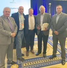 Pictured from left to right: Mike Griffin, executive director, County Executives of America, NYSAC Executive Director Stephen J. Acquario, Albany County Executive Dan McCoy, Joseph F. Rice, an attorney with Motley Rice, and Orange County Executive Steven M. Neuhaus met to discuss upcoming opioid settlements. Provided photo.