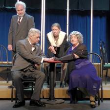 Muddy Water Players celebrates the start of its 30th season with three weekends of Agatha Christie’s classic mystery, “Murder on the Orient Express,” beginning Friday, May 2. Pictured from left to right, the actors in the production are Jon Stein, Craig Patrick Browne, Karyn Meier and Georgette Vaillancourt. Photo provided by Bruce Roman.