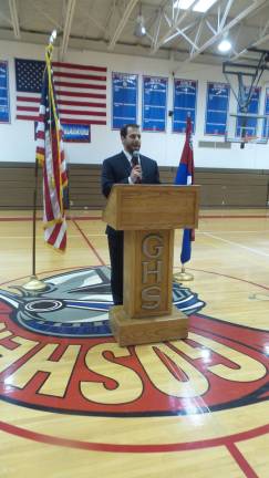 Gregory Voloshin, Goshen High School Assistant Principal and Director of Health, Physical Education and Athletics, directed the ceremony (Photo by Frances Ruth Harris)