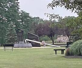 A vandal or vandals cut the flag pole at the 9-11 Memorial in Washingtonville Tuesday night, July 7. Photos provided by the office of Assemblyman Colin J. Schmitt.