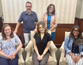 SUNY Orange Foundation’s newest board members (seated from left) Megan Robbins, Stella Page, and Wyoma Svarczkopf were welcomed to the SUNY Orange Foundation Board of Directors by Board Development Committee Chair Derrik Wynkoop and Executive Director Kristin Jensen.