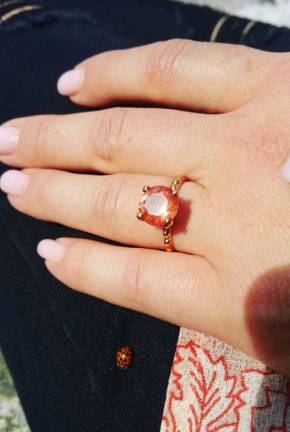 Krista Plunkett lost her engagement ring, an orange sunstone set in a simple rose gold band, sometime on Thursday, March 22, on First Street in the Village of Warwick. She is offering a reward for its return.