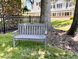 A bench earned by the Goshen Public Library by coordinating the collection, weighing, and dropping off more than 500 pounds of recyclable plastic film for the Trex Community Challenge Program.