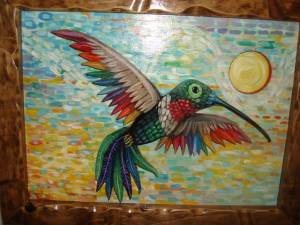 “:Hummingbird,” acrylic on wood panel