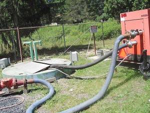 On the right is the last safety device: a diesel powered pump to bypass the relay pump if there is an electrical problem; then sewage won’t overflow. Also, on the premises is a natural gas powered emergency generator, located just outside a power building (not pictured) located at the site. Photos by Geri Corey.