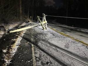 A car accident in Barry Lakes, NJ took out two telephone poles in January, leaving hundreds of Sussex Rural Electric Cooperative customers in the dark. Along with increasing weather-related disasters, car-pole accidents are on the rise. Photo provided