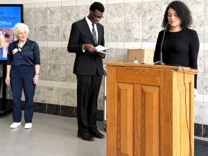 WPL mentor and Straus News President Jeanne Straus (left) looks on as Chester Academy honors students who participated in the program.