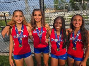 Goshen girls 400m relay team of Olivia Sawyer, Joy Sawyer, Daniella Grant and Lorianna Bala set a new school record at the NYSPHAA Track and Field Championships on June 7, 2025.