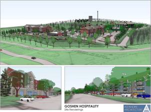 Developers Goshen Hospitality, LLC, are seeking permits to construct three four-story hotels, two restaurants, five two-story extended-stay cottages, a two-story office building and living quarters for a caretaker on 63.3 acres at 6 ½ Station Road and Cheekchunk Road in the Town of Goshen.