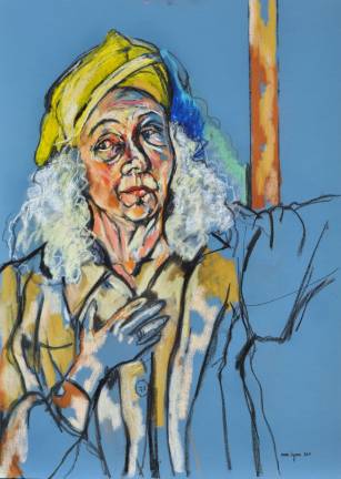 Mari Lyons, Self Portrait with Yellow Head Piece, 47x29 oil on paper. Image courtesy of Nick Lyons