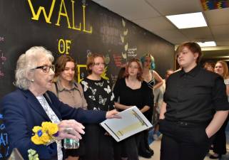 Maude Dahme, left, a Holocaust survivor, speaks at the opening of the Holocaust and Genocide Research Center on April 19 at Kittatinny Regional High School. (Photos provided)