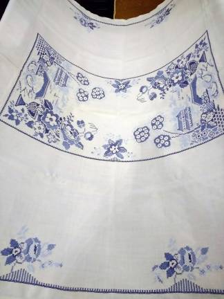 Blue and white tablecloth