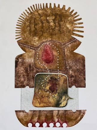 This is Bruce R. Bleach’s Aztec 1976, an intaglio and relief etching.