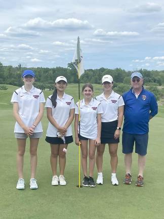 Left to right : Grace Allan, Isabella Ok, Jillian Pucci and Sofia Fini win the Section IX Title for Goshen Girls Varsity Golf. Led by Coach Polanis, they had an undefeated golf season. Other teammates include Ruby Beers and Chloe Griffin. Next weekend they travel to Saratoga Springs to compete at States.